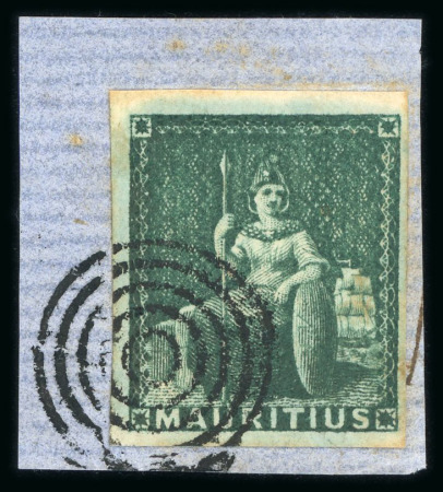Stamp of Mauritius » 1858-62 Britannia Issues (SG 26-35) 1858-62 Britannia (4d) green, fine to large margins, tied to small piece