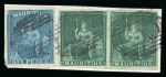 Stamp of Mauritius » 1858-62 Britannia Issues (SG 26-35) 1858-62 Britannia (4d) green pair, fine to very good margins, tied to piece along with 1859-61 6d blue