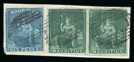 Stamp of Mauritius » 1858-62 Britannia Issues (SG 26-35) 1858-62 Britannia (4d) green pair, fine to very good margins, tied to piece along with 1859-61 6d blue