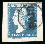 Stamp of Mauritius » 1859 Dardenne Issue (SG 41-44) 1859 Dardenne 2d slate-blue, good margin at top and huge on three sides, clearly showing the "feather" retouch below "TWO"