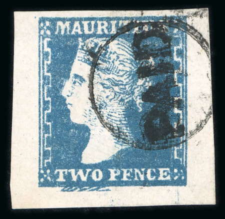 Stamp of Mauritius » 1859 Dardenne Issue (SG 41-44) 1859 Dardenne 2d slate-blue, good margin at top and huge on three sides, clearly showing the "feather" retouch below "TWO"