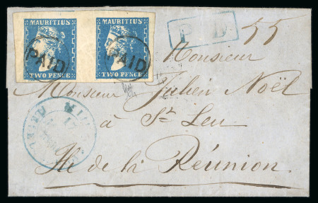 Stamp of Mauritius » 1859 Dardenne Issue (SG 41-44) 1859 Dardenne 2d blue pair with good to very large margins cancelled by two "PAID" circular hs on 1860 (Mar 8) entire datelined "Ile Maurice, St. Avolo, Moka"