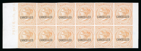 Stamp of Mauritius » Later Issues 1863-72, 1d to 1s group of six imperf. specimen proofs overprinted "CANCELLED" by De La Rue in marginal blocks of 10