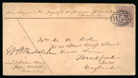 Stamp of Mauritius » Later Issues 1862 (Mar 6) Soldier's letter sent to England with 1860-63 1 purple-brown tied by "B53" barred oval
