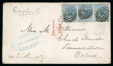 Stamp of Mauritius » Later Issues 1863 (Jun 6) envelope to England with 1860-63 2d blue strip of three tied by "B53" barred ovals and "1 1/2d" accountancy hs