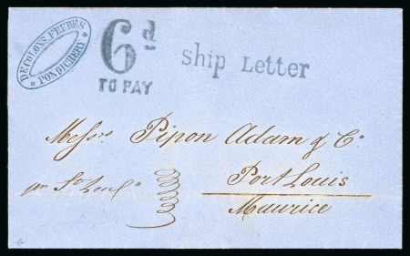 Stamp of Mauritius » Later Issues 1866 (Nov 19) entire from the Pipon Adam correspondence sent unpaid from Pondicherry to Port Louis, with "6d / TO PAY" and "Ship Letter" hs