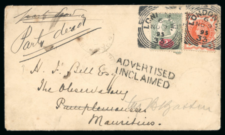Stamp of Mauritius » Later Issues 1895 (Nov 9) envelope from London to Pamplemousses with unrecorded "ADVERTISED / UNCLAIMED" hs
