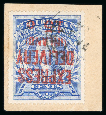 Stamp of Mauritius » Later Issues Express Delivery: 1903-04 15c on 15c (type E4 surch.) with inverted surcharge variety, on small piece