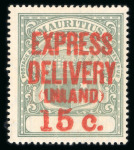 Stamp of Mauritius » Later Issues Express Delivery: 1904 15c grey-green with surcharge double and one misspelt "LNIAND" variety, mint
