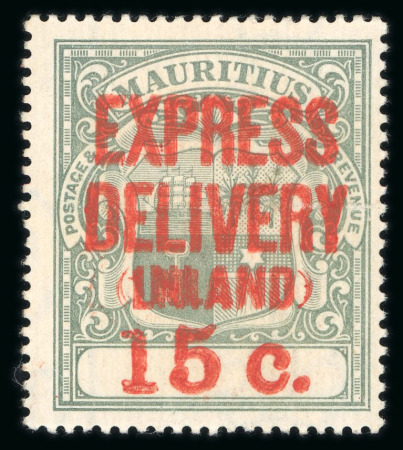Stamp of Mauritius » Later Issues Express Delivery: 1904 15c grey-green with surcharge double and one misspelt "LNIAND" variety, mint