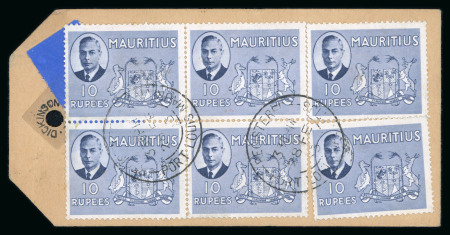 Stamp of Mauritius » Later Issues 1953 (Feb 28) parcel tag with 1950 10R (8 incl. block of four) and 5R (4) on both sides