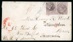 Stamp of Mauritius » Mauritius Used in Seychelles (B64) 1870 (May 11) envelope from Seychelles to the USA with two Mauritius 1860-63 9d dull purple tied by "B64" barred ovals
