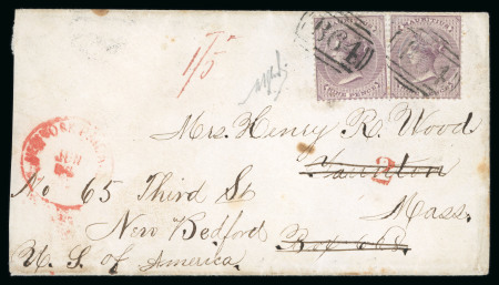 Stamp of Mauritius » Mauritius Used in Seychelles (B64) 1870 (May 11) envelope from Seychelles to the USA with two Mauritius 1860-63 9d dull purple tied by "B64" barred ovals
