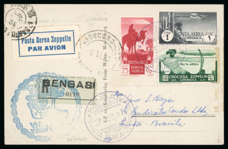 Stamp of Italy » Italian Colonies and Possessions » Cyrenaica (Cirenaica) 1933 (May 27) picture postcard of LZ127 sent registered from Bengazi to Brazil with Airmail 75c, 1L and 10L Zeppelin issues