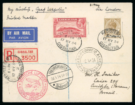 Stamp of Gibraltar 1934 (May 17) envelope sent registered by Graf Zeppelin to Brazil