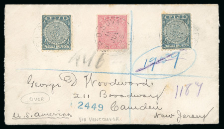 Stamp of Fiji 1896 (Jul 11) envelope sent registered to the USA with 1891-98 1/2d (2 on front and block of six on reverse) and 6d
