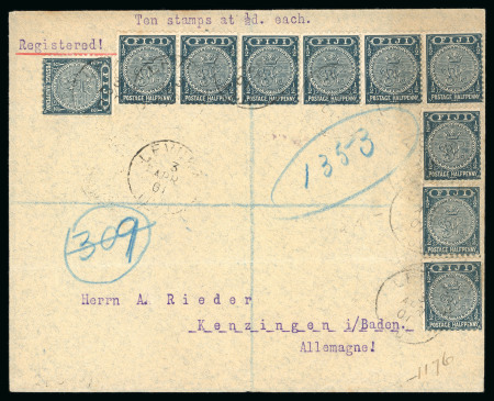 Stamp of Fiji 1901 (Apr 3) envelope sent registered to Germany with ten 1891-98 1/2d perf.11x11 3/4 tied by Levuka cds