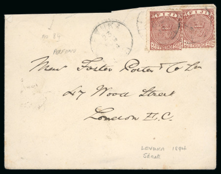 Stamp of Fiji 1894 (Aug 23) envelope to London with two 1891-98 2 1/2d perf.11x10 tied by Levuka cds