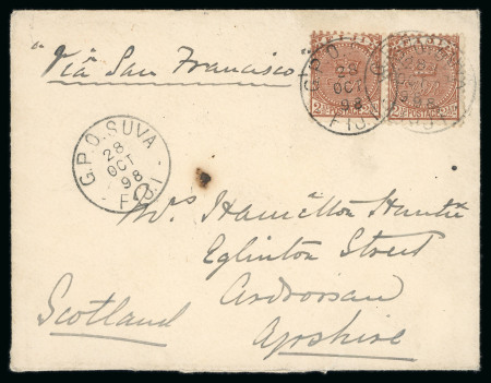 Stamp of Fiji 1898 (Oct 28) envelope to Scotland with 1891-98 2 1/2d perf.11x11 3/4 tied by G.P.O. Suva cds