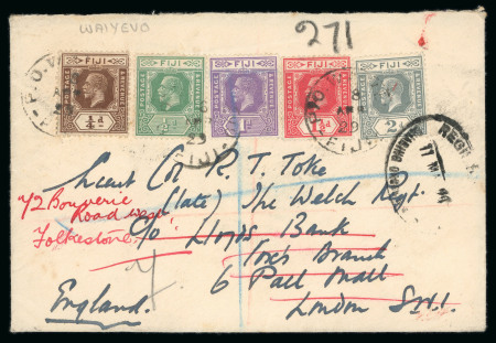 Stamp of Fiji 1929 (Apr 8) Envelope sent registered from Waiyevo to England with 192-27 1/4d, 1/2d, 1d, 1 1/2d and 2d