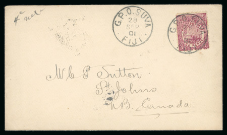 Stamp of Fiji 1901 (Sep 28) Envelope to Canada with 1891-98 1d perf.11x11 3/4, tied by G.P.O. Suva cds