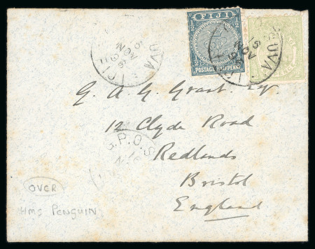 Stamp of Fiji 1896 (Nov 16) Envelope sent from HMS Penguin (printed on backflap) to England with 1891-98 1/2d and 2d perf.11