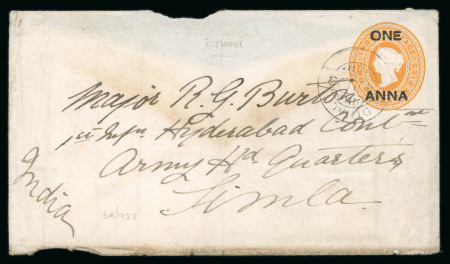 Stamp of India » Used Abroad » Aden DTHALI: 1903 (Jun 24) India 1a on 2a6p postal stationery envelope sent to Major Burton at Army HQ in Simla in India