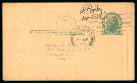 Stamp of Tristan da Cunha 1929 (Feb 24) US 1c postal stationery card with "TRISTAN DA CUNHA" typed overprint created by Rev. Pooley on his last day as Postmaster of Tristan
