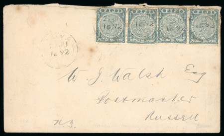 Stamp of Fiji 1892 (Jun 27) envelope from Suva to New Zealand with two pairs of 1/2d slate-grey perf. 10