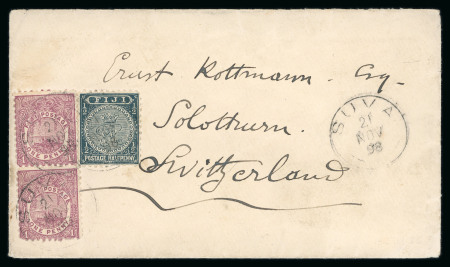 Stamp of Fiji 1898 (Nov 21) envelope from Suva to Switzerland 1891-98 perf. 11 1d vert. pair and 1/2d