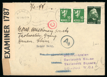 Stamp of China » Incoming Mail 1944 Envelope sent from Norway to an undercover address in Portugal, redirected to Tavistock House in London and forwarded to a Missionary Society in Hunan