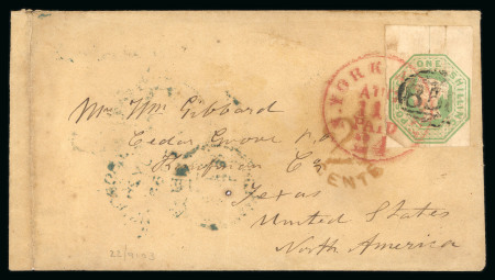 Stamp of Great Britain » 1847-54 Embossed 1856 (Jul 26) envelope from Wellingborough to the USA with embossed 1s pale green top marginal