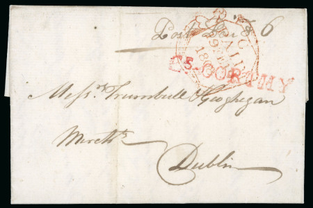 Stamp of Ireland » Pre-Stamp Postal History » Independant Post Office Period - 1784-1831 1808 (February 10th) Folded cover sent from Enniscorthy, Co. Wicklow to Dublin, showing clear strike of red straight-line ES-CORTHY town namestamp and manuscript "Post Paid 6", with namestamp overstruck by a superb C/PAI