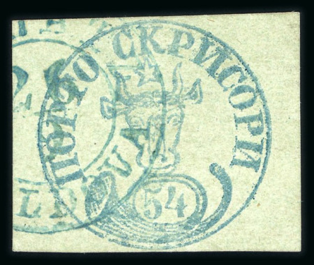 Stamp of Romania » 1858 Moldavian Bull's (21 July) Handstruck at Jassy on wove paper (81pa.) or laid paper (other values). 54 Parale green on blue green, deep rich colour, a