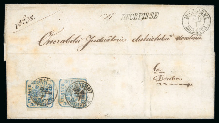 Stamp of Romania » United Principalities 1862-1864 30 parale blue, pair, cut into to good uneven margins, on registered folded letter sheet from Michaleni to Dorohoi