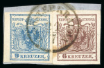 Stamp of Romania » Austrian Levant Post Offices KRAJOVA: 1850 6kr. brown and 9kr. blue tied on fragment by K.K. ÖST.F.R. KRAJOVA/21.7 cds,