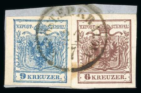 Stamp of Romania » Austrian Levant Post Offices KRAJOVA: 1850 6kr. brown and 9kr. blue tied on fragment by K.K. ÖST.F.R. KRAJOVA/21.7 cds,