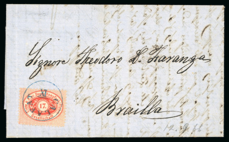 Stamp of Romania » Austrian Levant Post Offices » D.D.S.G. Post Offices 1866 17(kr) red, perf. 12, neatly tied by CALAFAT/IX cds in blue, on 1866 folded entire to Ibraila