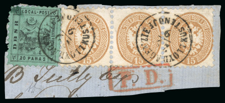 Stamp of Romania » Austrian Levant Post Offices KUSTENDJE: 1867 (29.9) Fragment franked 1864 15s brown,