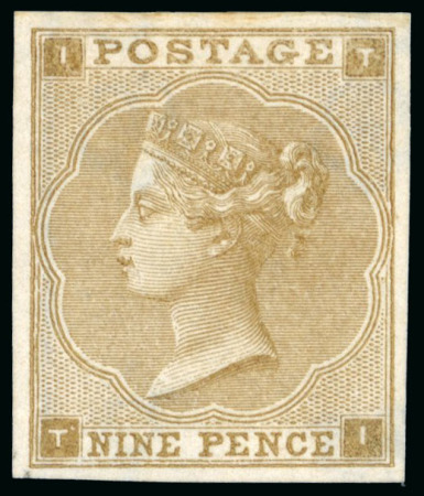 Stamp of Great Britain » 1855-1900 Surface Printed » 1862-64 Small Uncoloured Corner Letters 1862-64 9d bistre imperf. imprimatur, mint o.g., minor