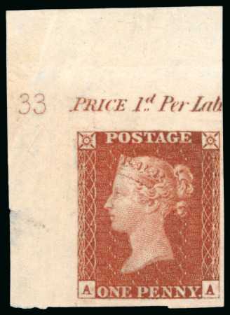Stamp of Great Britain » 1854-70 Perforated Line Engraved 1854-70 wmk large crown 1d red-brown pl.33 imprimatur from the upper left corner of the sheet with marginal inscription