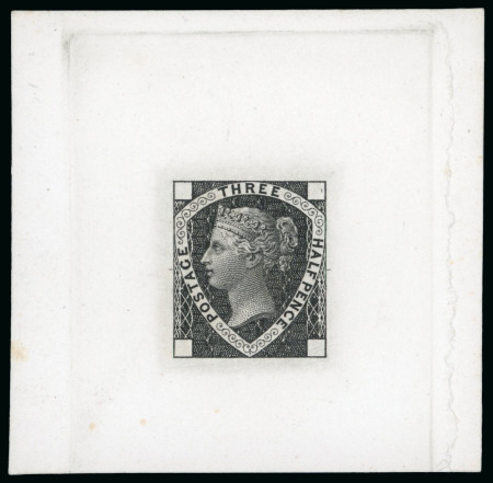 Stamp of Great Britain » Line Engraved Essays, Plate Proofs, Colour Trials and Reprints 1860 (Mar) 1 1/2d proof in black on white card of the die used for the stamps