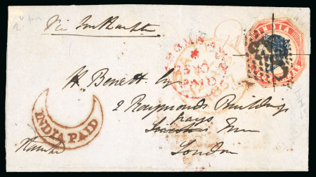 Stamp of India » 1854 Lithographs 1856 (Nov 20) Folded letter from Bolarum via Bombay to London, franked by cut-to-shape 4a blue and red