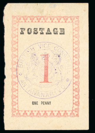 Stamp of Madagascar (British Post) 1886 "British Vice-Consulate / Antananarivo" hs in violet on 1d, no stops after "POSTAGE" or value, unused