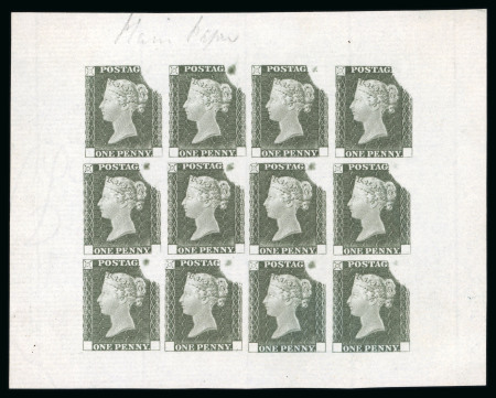 Stamp of Great Britain » Line Engraved Essays, Plate Proofs, Colour Trials and Reprints 1840 "Rainbow" Colour Trials: 1d, state 2, complete sheet of 12 impressions printed on thick laid paper in olive-green