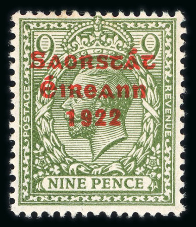 Stamp of Ireland » 1922-23 Thom Three-Line Overprints (T47-T61) 9d olive-green, mint nh single, showing PQSTAGE plate