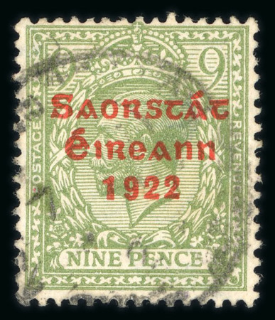 Stamp of Ireland » 1922-23 Thom Three-Line Overprints (T47-T61) 9d olive-green, used single, showing PQSTAGE plate
