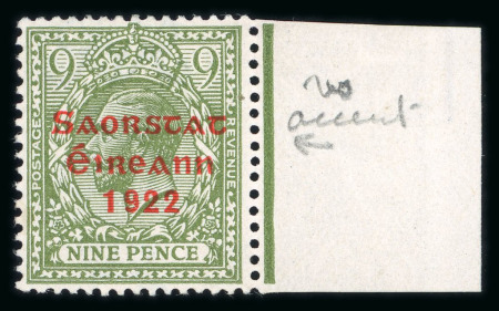 Stamp of Ireland » 1922-23 Thom Three-Line Overprints (T47-T61) 9d olive-green, mint right marginal and used single,