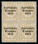 Stamp of Ireland » 1922-23 Thom Three-Line Overprints (T47-T61) 1s bistre-brown, mint block of four, and used single,