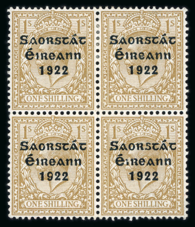 Stamp of Ireland » 1922-23 Thom Three-Line Overprints (T47-T61) 1s bistre-brown, mint block of four, and used single,